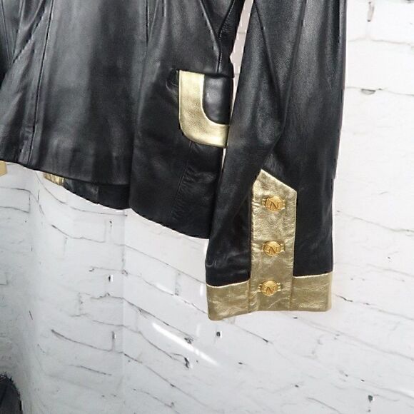 MICHAEL HOBAN NORTH BEACH LEATHER BLACK GOLD VINTAGE LEATHER JACKET SIZE 5/6 - Picture 11 of 13